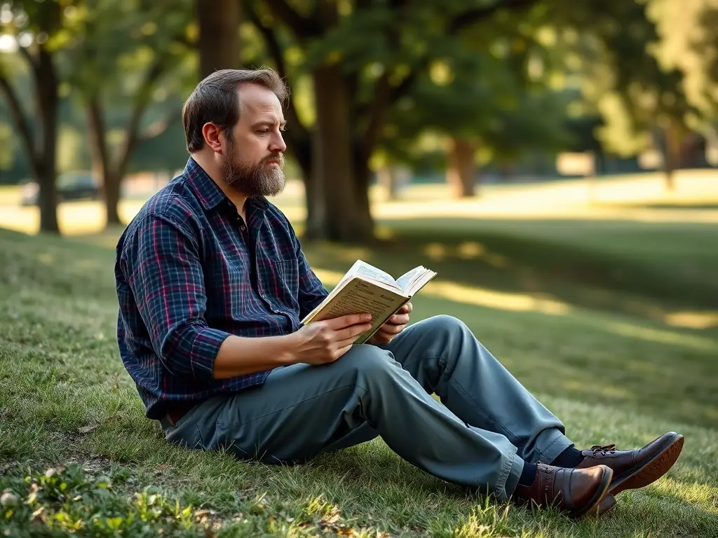 A person diligently memorizing scripture verses from a list, with a focused expression and a determined posture. The setting is a peaceful outdoor environment.