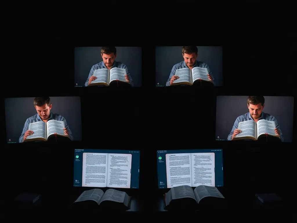 A digital illustration of a group of men praying together in a virtual meeting, with Bibles and prayer journals visible on their screens.