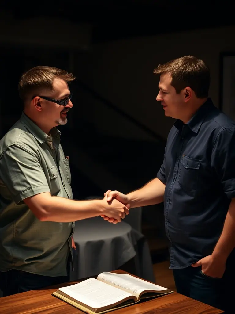 A close-up image of two men shaking hands after a Bible study session, symbolizing the bond and accountability formed within the Iron Alliance community.