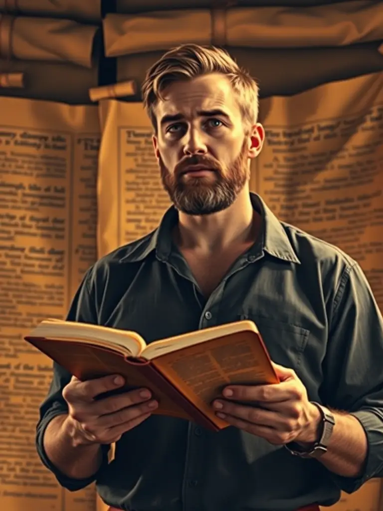 A man standing confidently, reciting a Bible verse from memory, with a determined expression, set against a backdrop of ancient scrolls, illustrating the memory verse challenges.