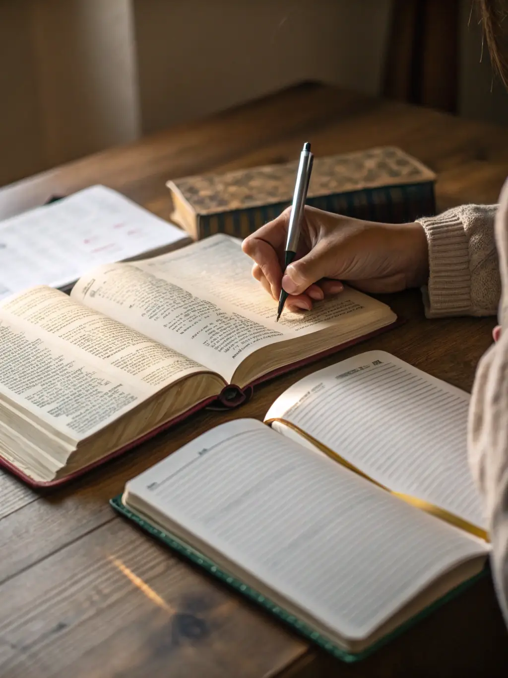 A man sitting at a desk with a Bible open, taking notes in a journal, bathed in soft, warm light, symbolizing personal Bible study and reflection within the Iron Alliance community.