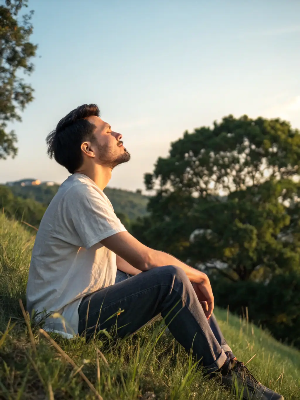 A serene image of a sunrise over a landscape, with a man sitting and reading a devotional, representing daily spiritual reflection.