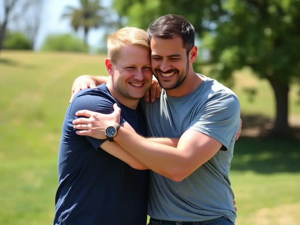 A man is encouraging another man with a pat on the back, symbolizing the encouragement and support within the Iron Alliance community.