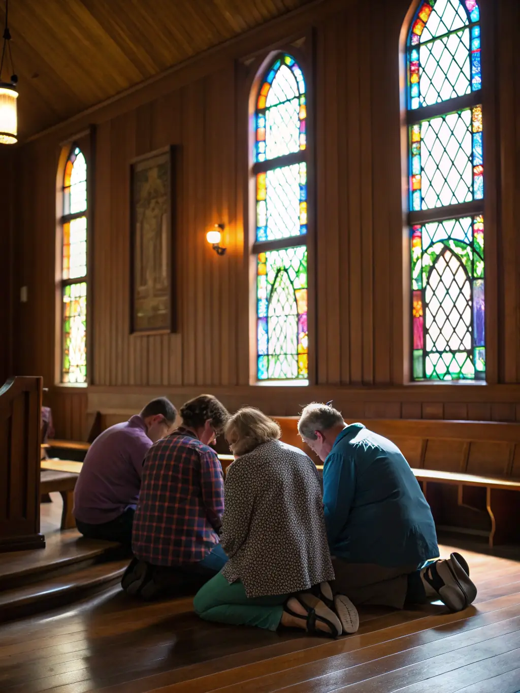 A group of men praying together in a circle, hands joined, heads bowed, in a modern, minimalist setting, representing the prayer and community support aspect of Iron Alliance.
