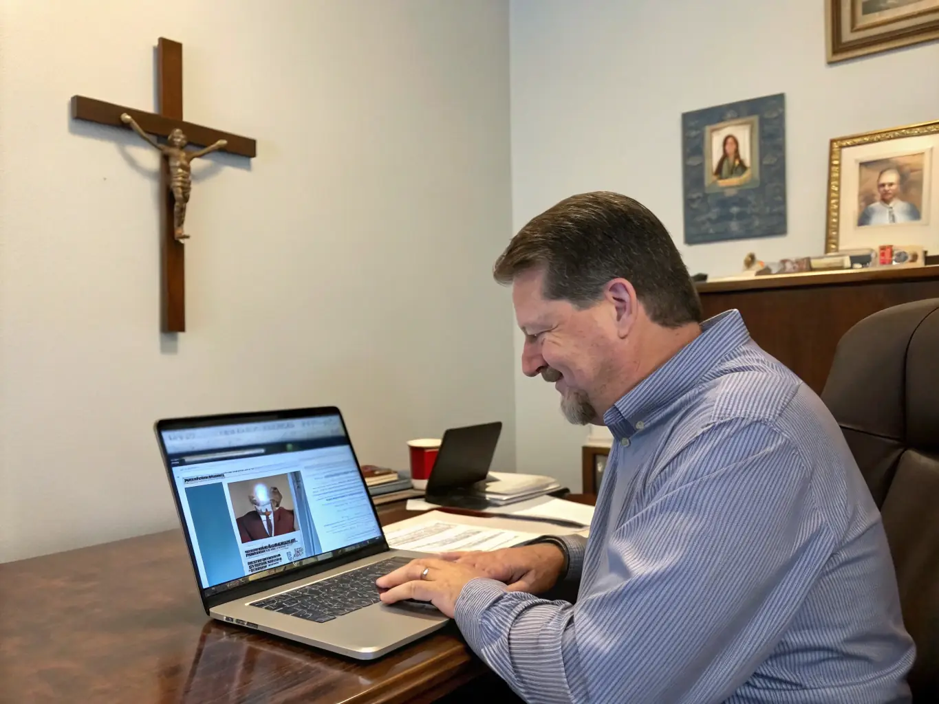 A digital illustration depicting a man signing up on the Iron Alliance platform on his laptop, with a Bible and a cross in the background, symbolizing the start of his spiritual journey.